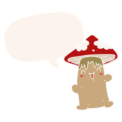 cartoon mushroom character and speech bubble in retro style
