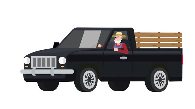 Flat cartoon isolated man farmer character driving a black vehicle pickup truck old car animation