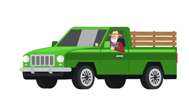 Flat cartoon isolated man farmer character driving a green vehicle pickup truck old car animation