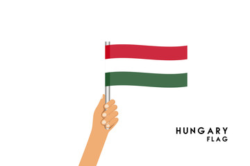 Vector cartoon illustration of human hands hold Hungary flag. Isolated object on white background.