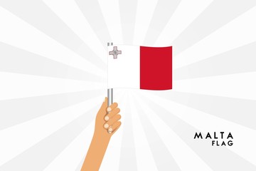Vector cartoon illustration of human hands hold Malta flag. Isolated object on white background.