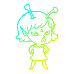 cold gradient line drawing pretty cartoon alien girl