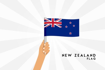 Vector cartoon illustration of human hands hold New Zealand flag. Isolated object on white background.