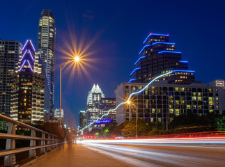 Fototapeta na wymiar A long exposure shot of Austin's skyline at night.