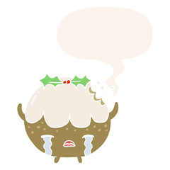 cartoon christmas pudding crying and speech bubble in retro style
