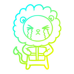 cold gradient line drawing cartoon crying lion with gift