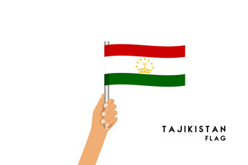 Vector cartoon illustration of human hands hold Tajikistan flag. Isolated object on white background.