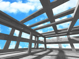 Concrete room wall construction on cloudy sky background