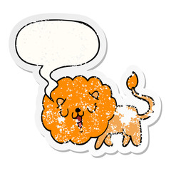 cute cartoon lion and speech bubble distressed sticker
