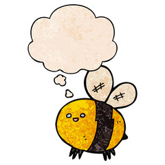 cartoon bee and thought bubble in grunge texture pattern style