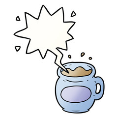 cartoon mug of coffee and speech bubble in smooth gradient style