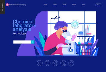 Medical tests Blue template -chemical laboratory analysis - modern flat vector concept digital illustration - laboratory analysis -woman laboratory assistance, microscope, medical office or laboratory