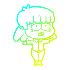 cold gradient line drawing cartoon tired woman