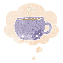 cartoon hot cup of coffee and thought bubble in retro textured style
