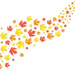 Vector illustration of falling autumn leaves isolated on white background. Colorful maple leaves flying on air. Vector template with moving on wind autumn foliage with copy space. Design element.