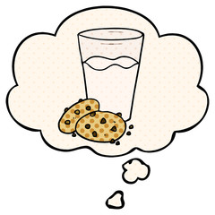 cartoon cookies and milk and thought bubble in comic book style