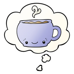 cartoon hot cup of coffee and thought bubble in smooth gradient style