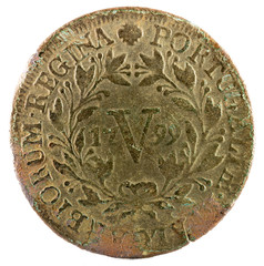 Ancient copper coin of Portugal. 5 reis of the Queen Maria I. 1799. Reverse.