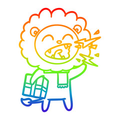 rainbow gradient line drawing cartoon roaring lion with present