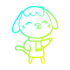 cold gradient line drawing happy cartoon dog in winter clothes