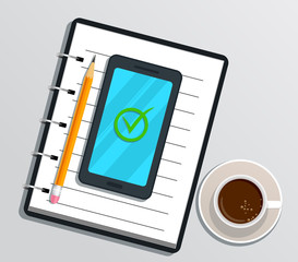 Blank realistic notebook or notepad with smartphone and check mark on screen, pencil, cup of coffee isolated on white background. Flat design for education, business planning, project management.