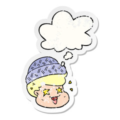 cartoon boy wearing hat and thought bubble as a distressed worn sticker