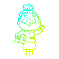 cold gradient line drawing cartoon happy old woman