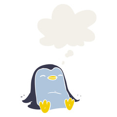 cartoon penguin and thought bubble in retro style