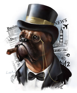 Digital portrait of a red dog breed boxer in the image of a rich millionaire aristocrat, dressed in a tuxedo and cylinder hat on a background of newspaper articles.