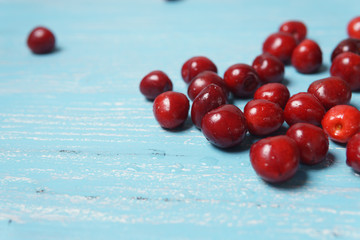 Red sweet cherry scattered on a turquoise wooden table