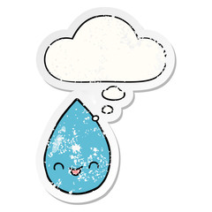 cartoon cute raindrop and thought bubble as a distressed worn sticker