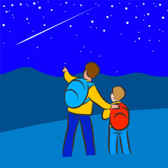 Father and son with tourist backpacks are standing in the field and looking at a passing meteor against a starry blue sky.