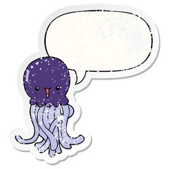 cartoon jellyfish and speech bubble distressed sticker