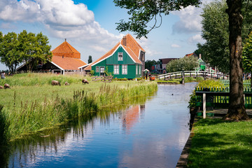 Old dutch green traditional houses in town Zaanse Schans in Netherlands, North Holland near Amsterdam