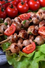 Grilled mini shashlik made of champignons on the lettuce salad leaves