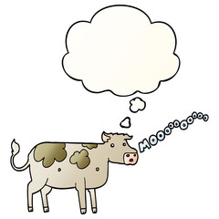 cartoon cow and thought bubble in smooth gradient style