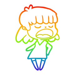 rainbow gradient line drawing cartoon woman talking loudly