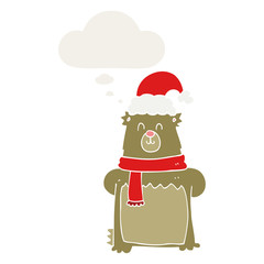 cartoon bear wearing christmas hat and thought bubble in retro style