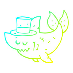 cold gradient line drawing cartoon shark wearing top hat