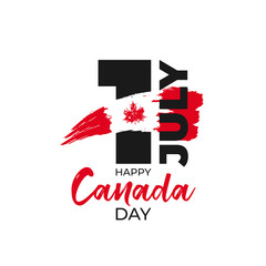 Happy Canada Day greeting card. Canadian flag grunge vector illustration  with hand drawn calligraphy lettering, number 1 and watercolor Canada nation symbol - maple leaf on white background - Vector