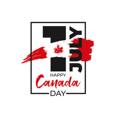 Happy Canada Day greeting card. Canadian flag grunge vector illustration  with hand drawn calligraphy lettering, frame and watercolor Canada nation symbol - maple leaf on white background - Vector