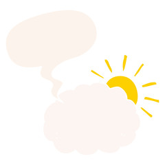 cartoon sun and cloud symbol and speech bubble in retro style