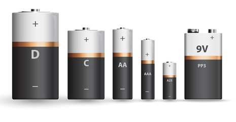 White gold and black realistic alkaline battery set, diffrent types isolated on white background. Vector illustration - obrazy, fototapety, plakaty