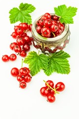 Fresh red currant berries on a white background. Red currant in  bowl with green leaf. Healthy food.