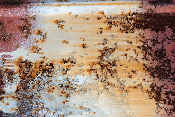 Rusty metal texture with scratches and cracks. paint traces. Red, yellow, white colors. Copy space