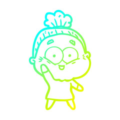 cold gradient line drawing cartoon happy old woman