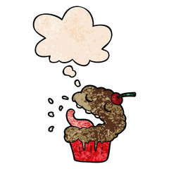 cartoon cupcake and thought bubble in grunge texture pattern style