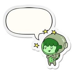 cartoon female future astronaut in space suit and speech bubble sticker