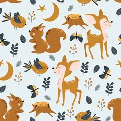 Wallpaper murals Little deer seamless pattern with baby deer bird squirrel - vector illustration, eps