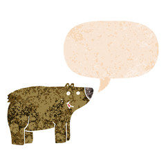 cartoon bear and speech bubble in retro textured style